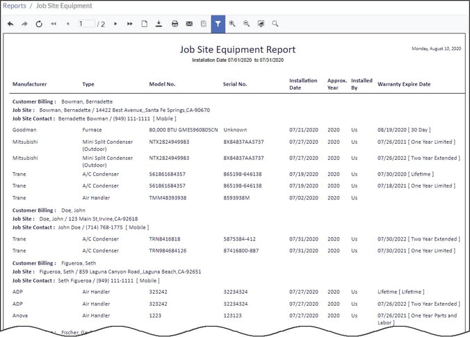 Job Site Equipment Report